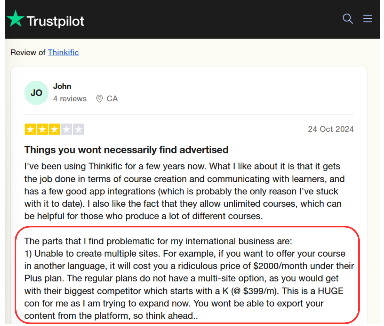 Trustpilot review of Thinkific mentioning that builiding multiple websites can be expensive